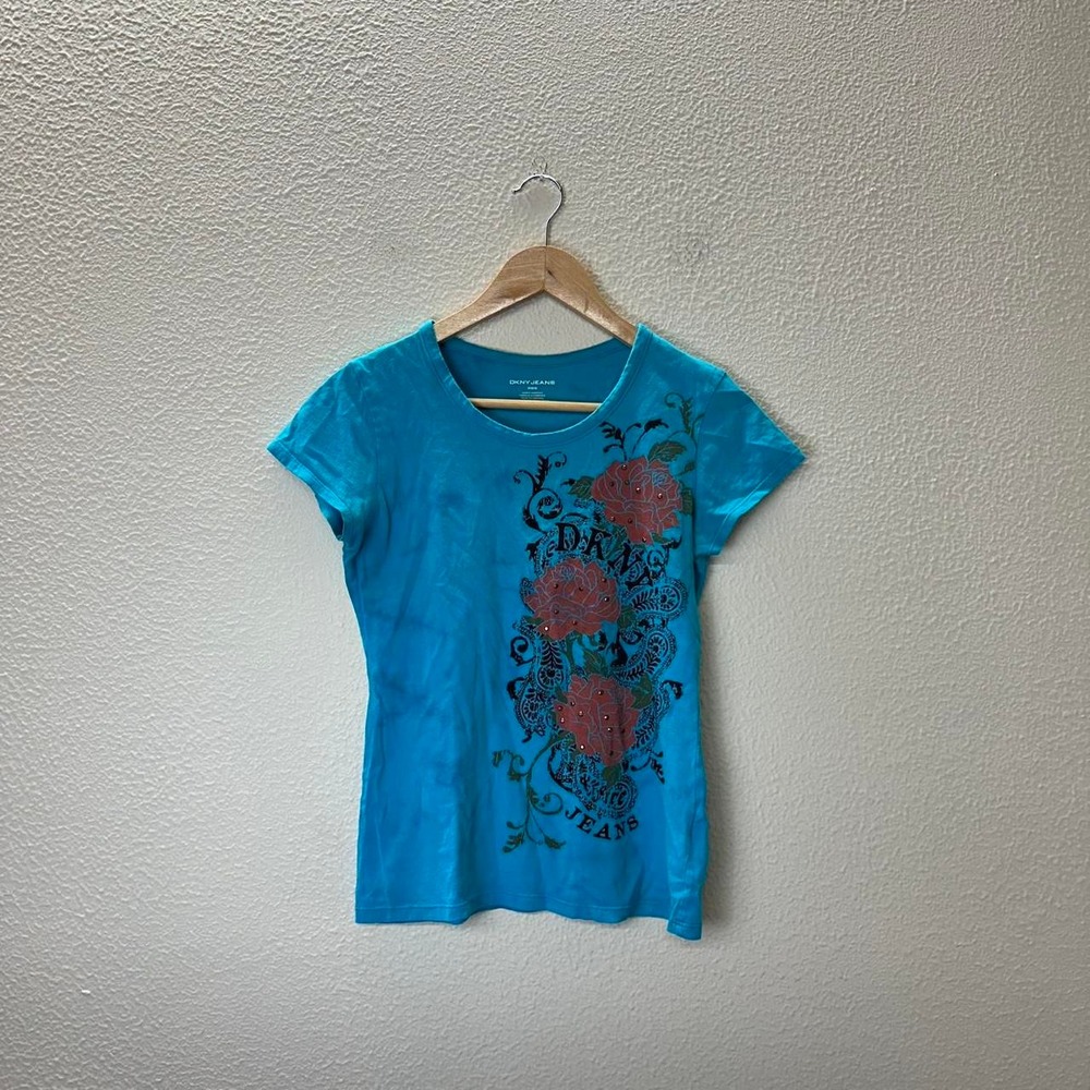 Y2K DKNY Graphic Tee Womens Medium Blue Good Floral Rhinestone Rose Shirt